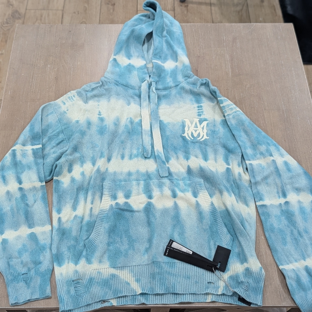 $1590 Mens AMIRI MA Tie-Dye Pullover Cashmere Hoodie Sea Blue Medium